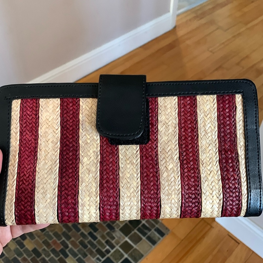 Woven Stripe Clutch Wristlet in Burgundy and Natural with Black Trim